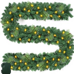 9FT Pre-lit Christmas Garland with 100 LED Lights - Cedar Garland Christmas Lighted Pine Garland for Mantle Stairs Wall Door Indoor Outdoor Decor Holiday Artificial Garlands with imer