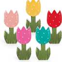 5 Pcs Retro Spring Tulip Wooden Table Sign Rustic Farmhouse Tulip Tabletop Centerpiece Colorful Flower Blocks Tiered Tray Decoration for Home Party Office Mantel Decor
