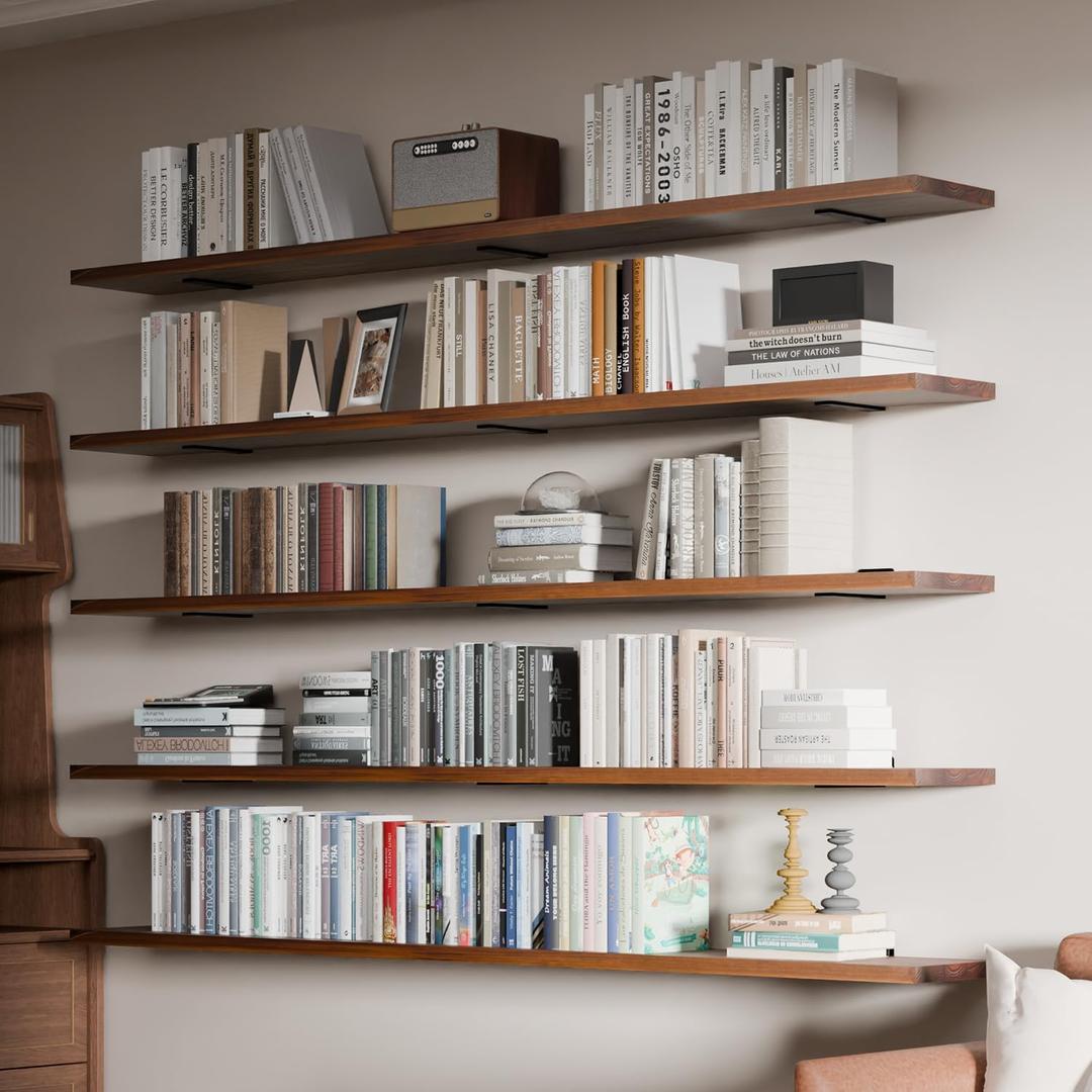 5 Tier Book Shelf,72 inch Long Floating Shelf for Wall,Adjustable Large Bookcase,Wall Mounted Bookshelf Display Shelves (Walnut)