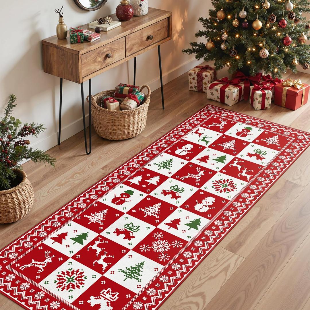 Christmas Runner Rug 2x5 Washable Rug for Hallway Kitchen Bedroom, Christmas Home Decor, Holiday Print Carpet, Low Pile Mat with Non Slip Backing, Red White Checkerboard