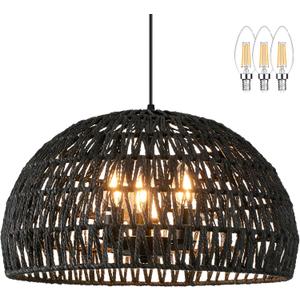 17.6” Black Woven Pendant Lights Boho Chandelier Light Fixture 3-Light Wicker Pendant Lights Rattan Light Pendant Dome Pendant Wicker Light Fixture for Dining Room Bedroom(Bulb Incl.)