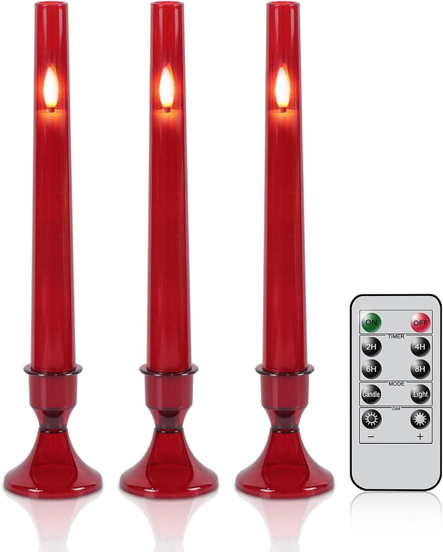 GenSwin LED Flameless Taper Candles with Remote Timer, 3 Pcs Red Window Taper Battery Operated Candles with Base and 3D Wick, Flameless Candlesticks for Wedding Party Home Decor(0.78 x 7.87)