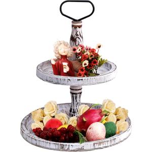 Tiered Tray Two Tier Trays Round Rustic Cupcake Stand,Serving Cakes Holder with Handle for Living Room, Party