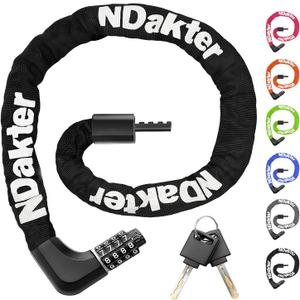 NDakter Upgrade Bike Chain Lock with 4 Digit Combination and 2 Keys, 3.2/4.28 Ft Heavy Duty Anti-Theft Bicycle Lock, 2 Ways to Unlock High Security Scooter Locks for Ebike, Escooter, Door (4.28 Feet Long, 6 mm Thick, Black)