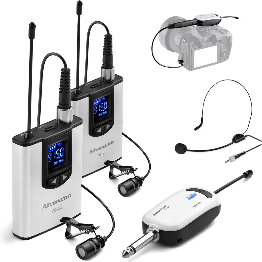 Alvoxcon TG220S Dual Wireless Lapel Mic for iPhone, DSLR Camera, PA Speaker, YouTube, Podcast, Video Recording, Conference, Vlogging, Church, Interview, Teaching (Silver)