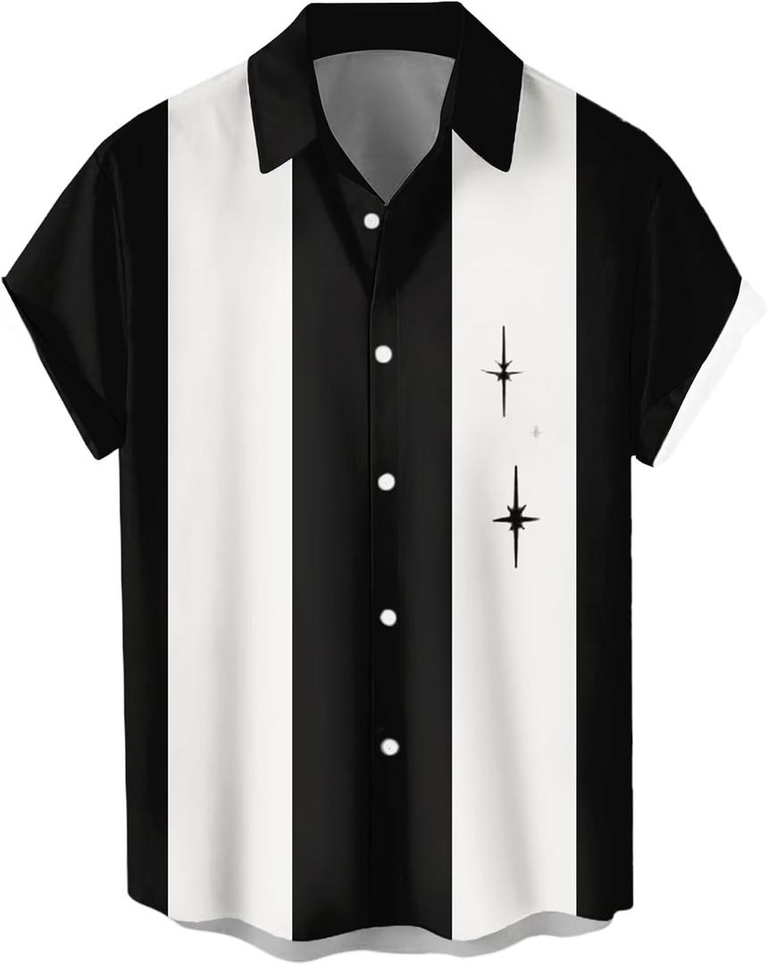 Men's Vintage Bowling Shirts 1950s Casual Short Sleeve Button Up Contrast Shirt Summer Color Block Cuban Shirts (XX-Large)