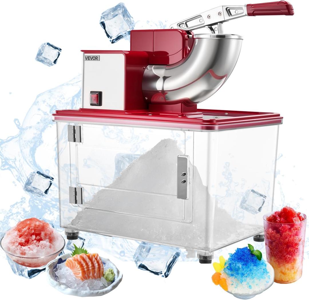 VEVOR Commercial Ice Crusher 661LBS/H, 350W Electric Snow Cone Machine with 4 Blades, 2000RPM Stainless Steel Shaved Ice Machine with 11 Gal Crushed-Ice Box, for Family Restaurants Bars, Red