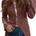 Saodimallsu Womens Ribbed Long Sleeve Sweater Tops Button Up Crewneck Slim Fitted Cardigans Sexy Going Out Knit Shirts