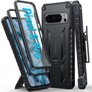 FNTCASE for Google Pixel 8 Pro Case: Built-in Screen Protector & Kickstand & Belt-Clip Holster, Extra Front Frame, Full-Body Dual Layer Rugged Military Shockproof Cell Phone Protective Cover Black