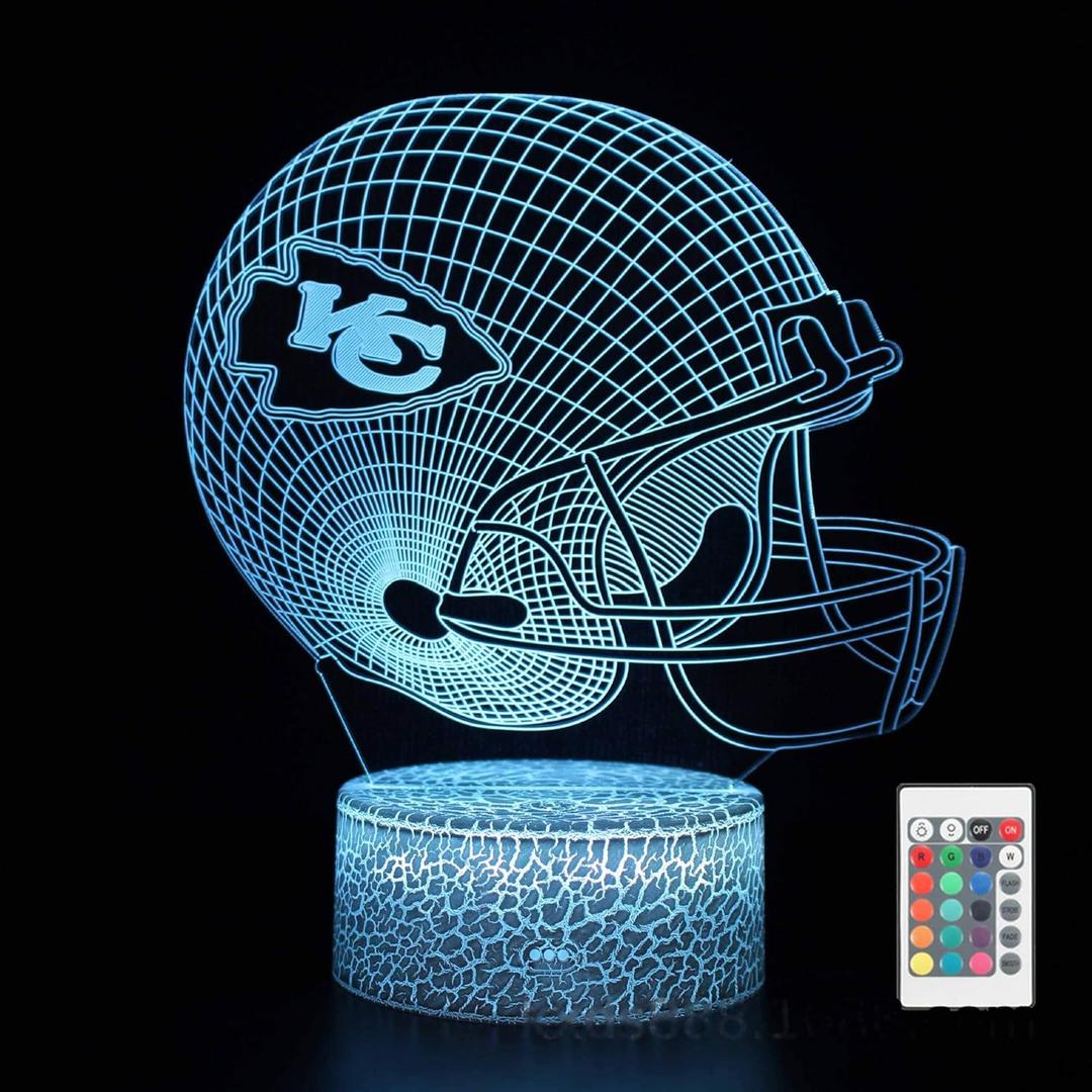 Cute Chiefs Football Helmet 3D Optical Illusion LED Bedroom Decor Sleep Table Lamp with Remote 7 Colors Acrylic Visual Night Light Birthday Christmas Gifts for Kids KC Men Women