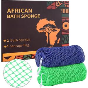 2 x African Net Sponge Authentic with Knots, 2 Pieces Exfoliating Body Scrubber for All Skin Types, Real African Exfoliating Bath Sponge Wash Cloths, Shower Accessories for Women Men (Blue & Green)