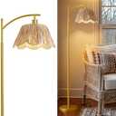 Oneach Arc Floor Lamp for Living Room,Rattan Boho Floor Lamp with Hand-Woven Wicker Shade, Foot Switch,Gold Metal Base & Pole,Farmhouse Standing Lamp for Bedroom Corner,Reading