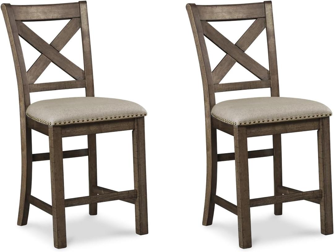 Signature Design by Ashley Moriville Rustic Farmhouse 24.5" Upholstered Barstool, 2 Count, Beige & Brown