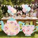 Novabright 2 Pcs Large Tea Party Cardboard Large Tea Party Decorations Teapot and Teacup Cutout Stand Decor Pink Floral Wonderland Garden Yard Sign for Baby Shower Wedding Birthday Favors