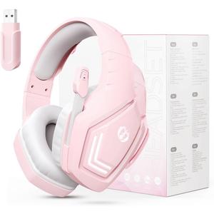 Anivia 2.4GHz Wireless Gaming Headset with Microphone for Work, PC Comptuers, Laptop, Over Ear Gamer Headphones with Mic, LED Light, Bass Surround Sound, Soft Ear Pads, for Girls and Women (Pink)