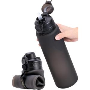 TakeToday Collapsible Water Bottles 32oz, Foldable Travel Bottle, TSA-Approved Leakproof Newly Silicone Water Bottle for Hiking, Travel, Outdoors, Black