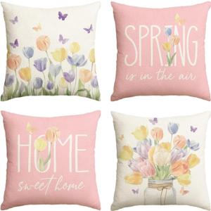 AVOIN colorlife Spring is in The Air Tulip Vase Throw Pillow Covers, 18 x 18 Inch Home Sweet Home Butterfly Pink Cushion Case Decoration for Sofa Couch Set of 4