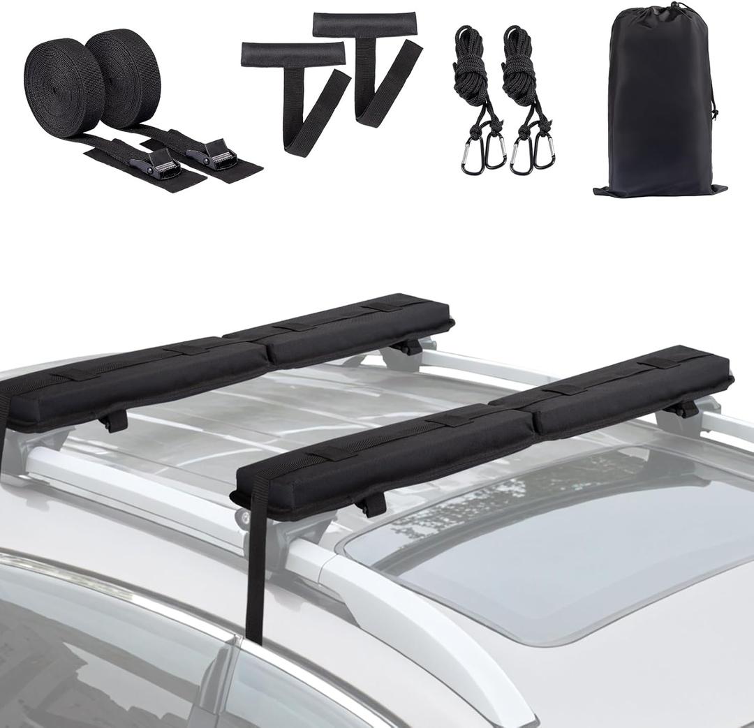 Universal Soft Roof Rack Pads 30 Luggage Carrier System for Kayak,Surfboard, SUP, Canoe, Snowboard with 2 Tie Down Straps, 2 Tie Down Ropes, 2 Hood Loops and Storage Bag(Black)