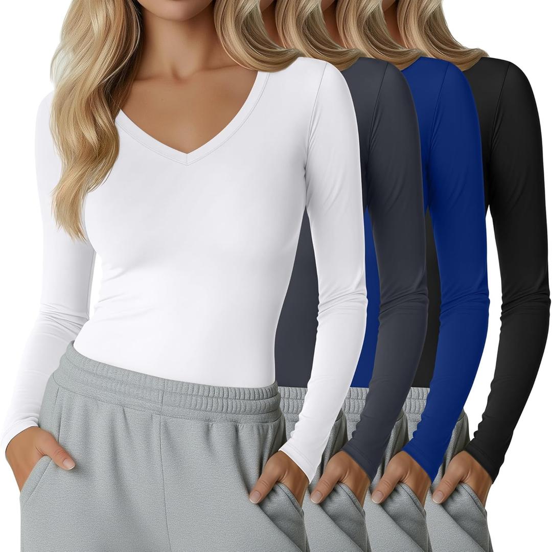 Neer 4 Pack Women's Workout Tops Long Sleeve Compression Shirt Athletic Tight V Neck T Shirt Gym Yoga Running Lightweight Tee (S)