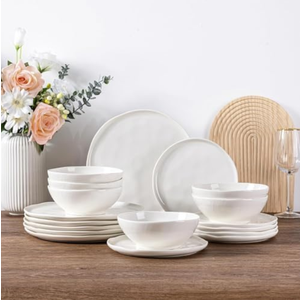 LERATIO Ceramic Dinnerware Sets for 6,Porcelain Plates and Bowls Sets with Wavy Edge,Microwave & Dishwasher & Oven Safe,Light Weight & Scratch Resistant Dishes Sets-Service for 6 (18pcs)-White