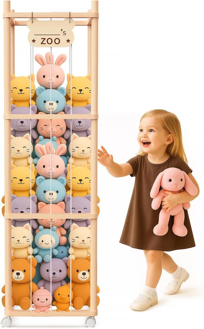 May Eileen Stuffed Animal Storage & Organizer, Wooden Cute Zoo Toy Holder for Toddler Rooms, Playrooms & Bedrooms, 53.54" x 15.74" x 15.74"