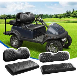 NOKINS 4PCS Golf Cart Seat Covers Kit, Front and Rear Seat Covers Fits Club Car Precedent Original Regular Seat Cushion, Club Car Vinyl Seat Covers Accessories, No Staples(Black&Black Stitch) (Fits Club Car Precedent Front and Rear)