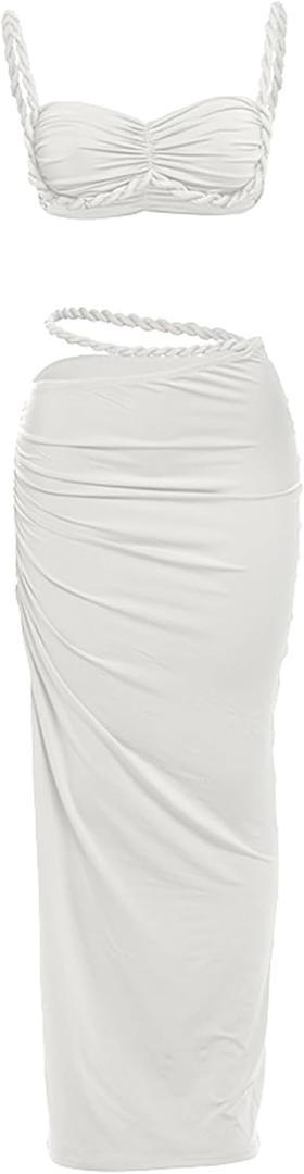 Women's Two Piece Skirt Sets Summer Beach Sexy Ruched Backless Cami Top And Cut Out Skirt Night Out Dress (White, M)