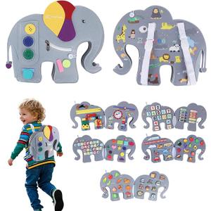 Busy Board, 12 in 1 Educational Busy Book Learning Sensory Toys for Toddlers with Fine Motor Skills, Busy Book Toys with Backpack Strap, Elephant Shape