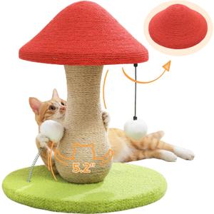 PETEPELA Mushroom Cat Scratching Post, Cat Scratcher Cute with 100% Sisal Covered Scratching Post & Pompoms Toy, Mushroom Cat Post for Indoor Cats
