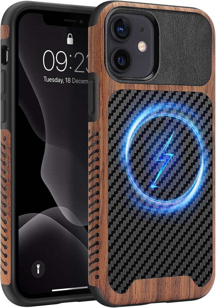 Magnetic Case Compatible with iPhone 11 Case [Compatible with MagSafe] Wood and Leather Carbon Fiber Design Hybrid Shockproof Phone Case (Black)