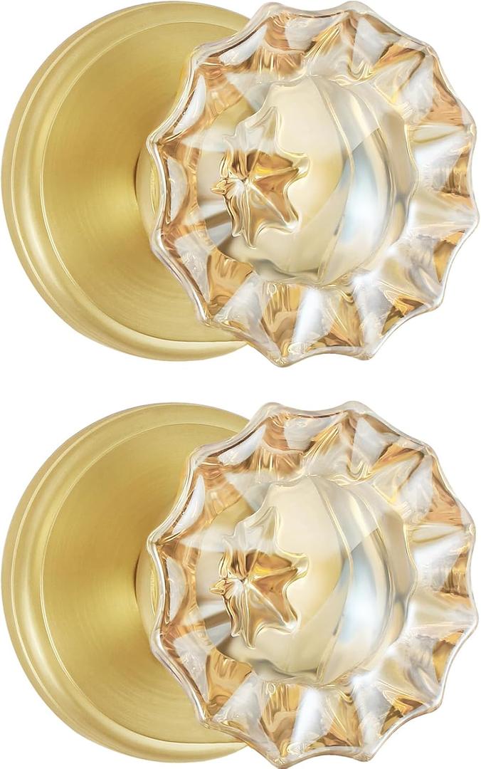 SHINY HANDLES 2 Pack Satin Brass Dummy Door Knob Set, Champagne Glass Crystal Gold Door Knobs