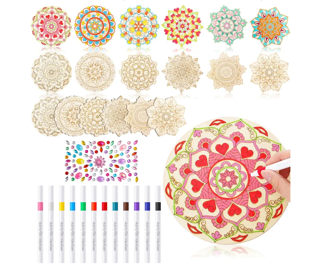 Fullhawl 31 Pcs Wooden Mandala Painting Set - 18 Unfinished Wood Cutouts, 12 Markers, 1 Gem Stickers for Adults DIY Crafts, Christmas, Back to School Gift,Wedding, Home Decors(Retro Style)