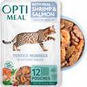 Optimeal Grain-Free Wet Cat Food Pouches  Shrimp & Salmon in Savory Gravy, High Protein & Moisture-Rich Tender Morsels, Indoor Adult Cat Food Wet with Natural European Ingredients, 3 oz (Pack of 12)
