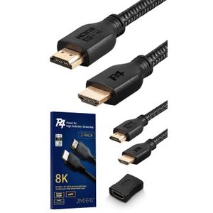 8K Certified HDMI 2.1 Cable 6.6Ft, 2-Pack with Bonus Female to Female Coupler - Ultra High Speed Braided Cord for PS5, Xbox, Apple TV, and More!