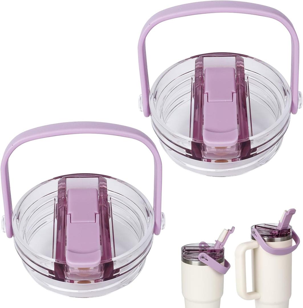 30oz and 20oz Flip Straw Lid for Stanley Quencher, Leak Proof Top Replacement with Detachable Handle for Stanley Quencher H2.0 and ProTour, BPA-Free No Spill Reusable Lids for 30oz&20oz, Purple*2