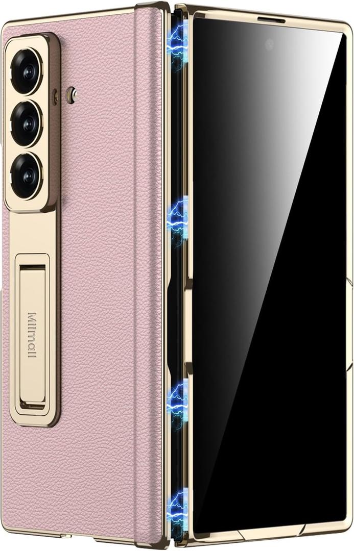 Miimall Slim Case for Samsung Z Fold 7 with Privacy Screen Protector & Kickstand & Hinge Protection, Premium Leather Women Girls Anti-Slip Grip Shockproof Phone Cover for Galaxy ZFold7 Thin Case Pink