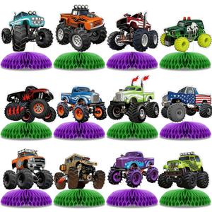 12 PCS Monster Truck Party Table Decorations, Monster Truck Birthday Honeycomb Centerpiece, Racing Car Theme Birthday Decoration for Boys Girls Baby Shower Kids Cake Decorations Party Supplies