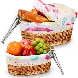 Ziliny 2 Set 11" 12" Wicker Bread Basket for Serving Large Woven Bread Baskets with Removable Liner and Cover Tongs for Fruit Picnic Party Housewarming Gift(Natural with Easter Egg Cover)