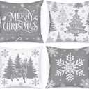 Lanpn 22x22 Grey Christmas Pillow Covers Set of 4, Winter Decorative Pillow Case, Merry Christmas Tree Cushion for Indoor Home Bedroom Sofa Xmas Couch Decor