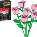 Rose Flower Bouquet Building Set: Artificial Flowers Botanical Collection Blocks Kit for Women Girls Wife Adults Home Decor Thanksgiving Christmas Mother's Day Valentine's Gifts 6-Pack (Pink)