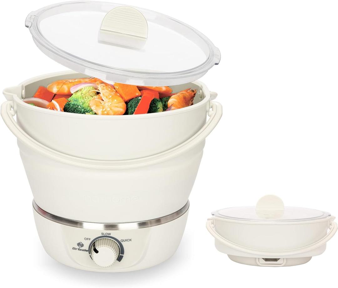 Drizzle Foldable Electric Cooker Travel Hot Pot - Dual Voltage 100V-240V Hot Pot Cooking - Food Grade Silicone Cookerware Boiling Water Steamer - Camping Office Hotel Noodle Porridge Soup Dorm (Creamy-white)