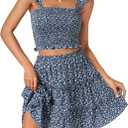 LYANER Women's 2 Piece Outfits Summer Flora Print Smocked Cami Crop Top and Mini Skirt Set for Vacation