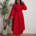 XNMHL Plus Size Church Dresses for Curvy Women Formal Empire Puff Sleeve African Attire Flowy Hem Outfits (Red, XL)