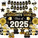 2025 Graduation Party Decorations Banner, Backdrop, Balloons, Hanging Swirl, Hanging Round Paper Fans and Graduation Honeycomb For Party (Gold)