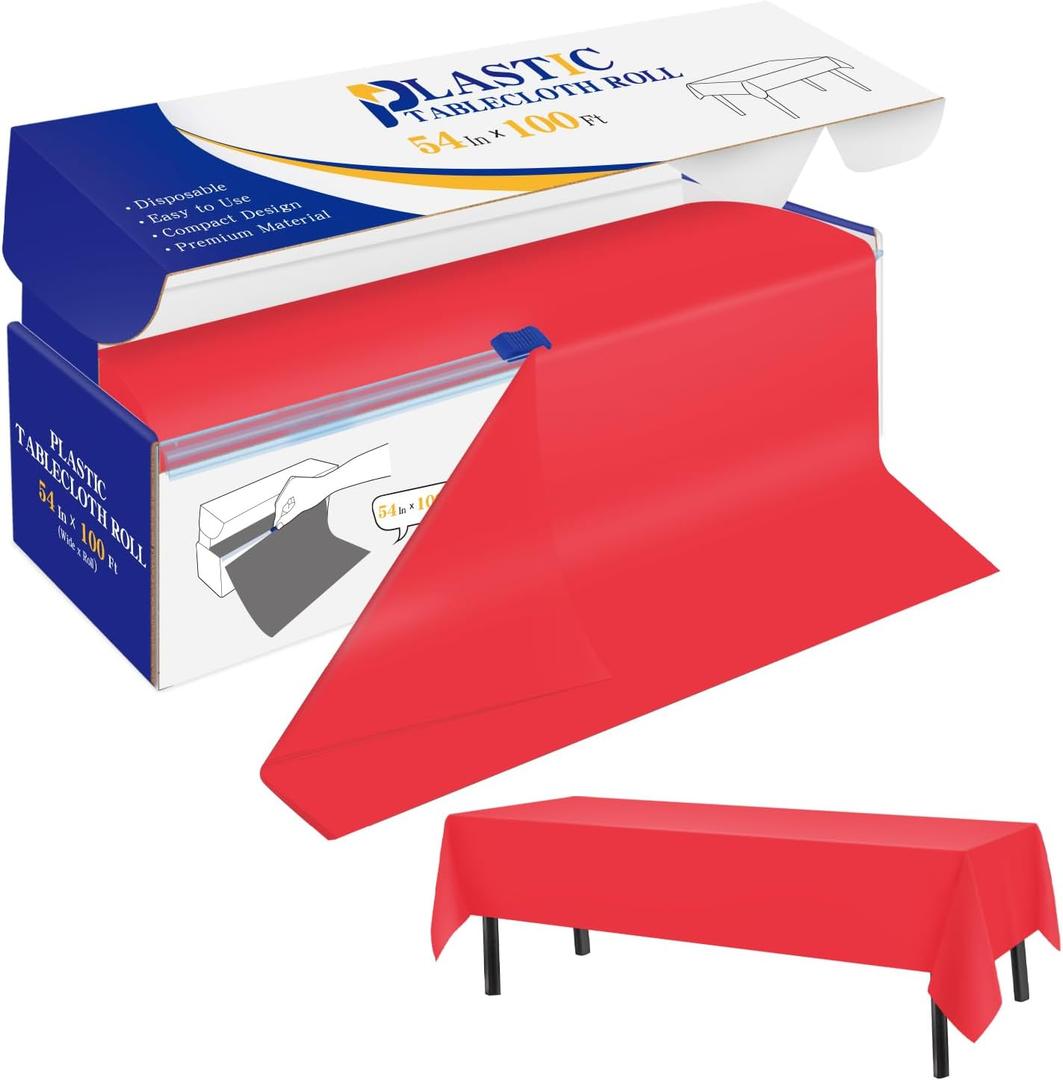 YSYJ Plastic Table Cover Roll Red Disposable Table Cloth 54 in x 100 Ft, Plastic Table Cloths with Slide Cutter Table Cover for Parties