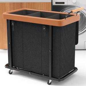 230L (60 Gal) Extra Large Fashion Laundry Sorter 3 Section with Lid, Rolling Laundry Basket Hamper with Handle, Laundry Organizer Storage Cart with Sturdy Metal Frame for Laundry Room, Hotel, Black
