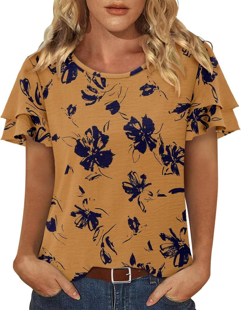 CRAZY GRID Womens Boho Shirts Floral Blouse Printed Tops for Women Casual Summer T Shirts Loose Fit Tunics (Orange)