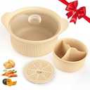 42oz Microwave Silicone Steamer 3 Compartmented, 4 in 1 Large Microwave Pot with Handle & Lid for Vegetables/ Baby Food, Oven & Dishwasher Safe, Easy Clean, 100% Food Grade Steamer Cooker(Beige)