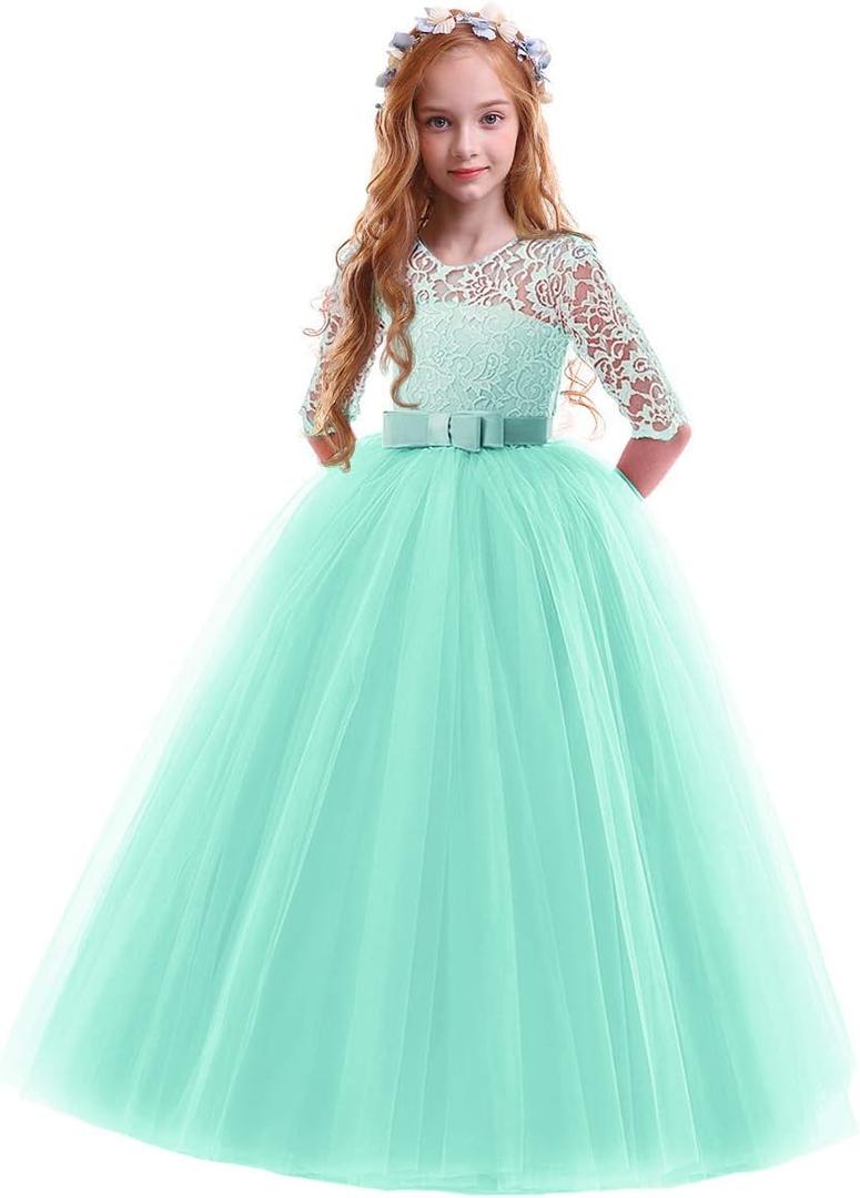 Girls Flower Vintage Floral Lace 3/4 Sleeves Floor Length Dress Wedding Party Evening Formal Pegeant Dance Gown (9-10 Years, Mint Green)