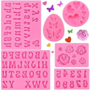 Letter Silicone Molds Alphabet Mold for Chocolate,6 Pcs Letter Number Flowers Butterfly Heart Shaped Fondant Molds for Making Strawberries,Candy,Gummy Cake Decorating